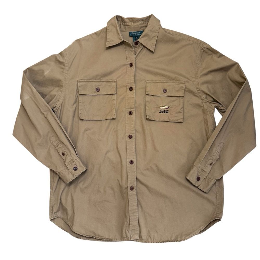 Fishing Angler Lauren Ralph Lauren Safari Field Shirt Khaki Button Front Sz L